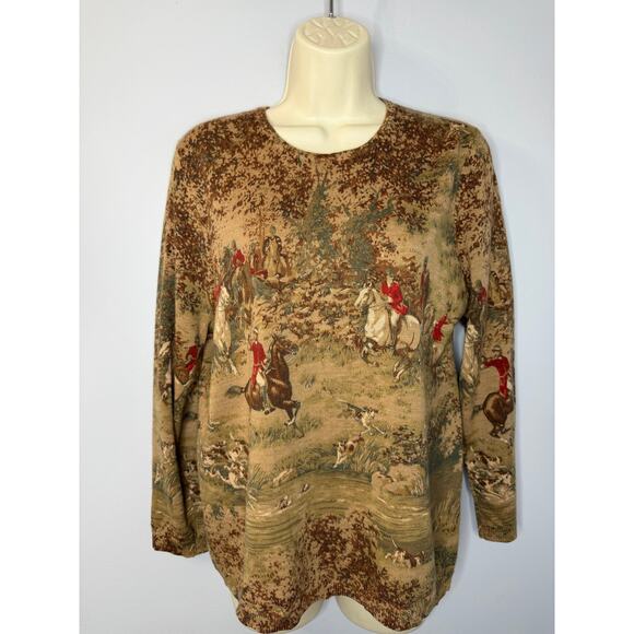 Pendleton Merino Wool Equestrian Hunting Print Tan Sweater Sz L Brown - Picture 1 of 10